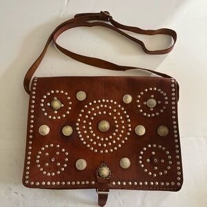 Moroccan Leather Messenger Bag Adorned With Coins Vintage Ethnic Traditional